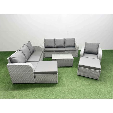 Fimous 9 Seater Poly Rattan Outdoor Garden Furniture Sofa Set Patio 3 Seater Sofa Reclining Chair 3 Seater Sofa 2 Big Footstools Light Grey (1/4)