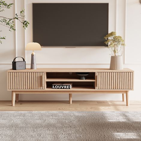TV-Lowboard 150 cm, mit 2 Aufbewahrungstüren, 2 offenen Regalen, Massivholzmaserung, Metallfüßen, skandinavisch, Wohnzimmermöbel aus Holz – Natur (1/5)