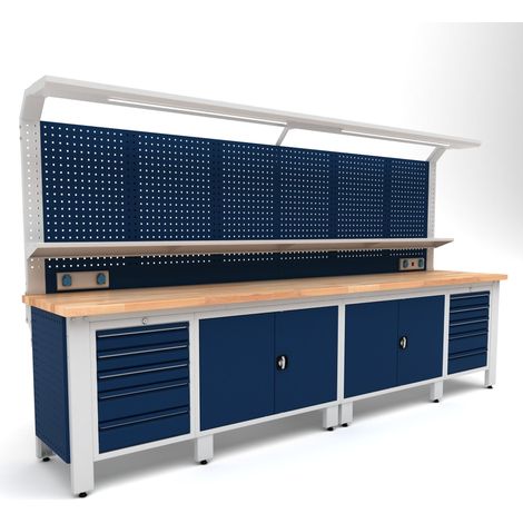 Établi d'atelier industriel 3560 mm PRACO W T74 – Plateau en hêtre massif - Éclairage LED - Tiroirs et armoire MW Tools PRAW3500T74 (1/3)