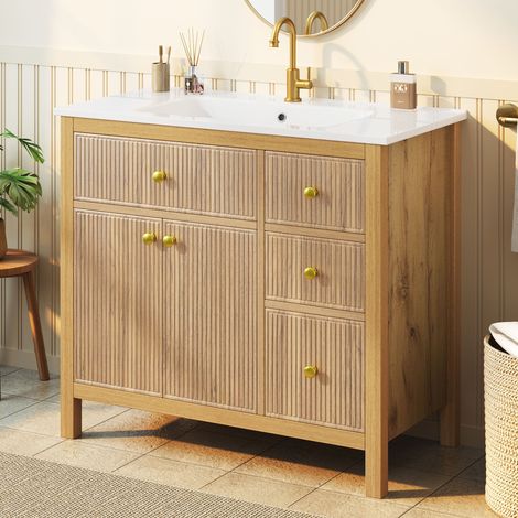 Meuble Vasque Bois Naturel - Lavabo en Céramique Intégré, 4 Tiroirs, 2 Portes - Céramique, Bois Massif et MDF - 91×48×88cm (1/5)