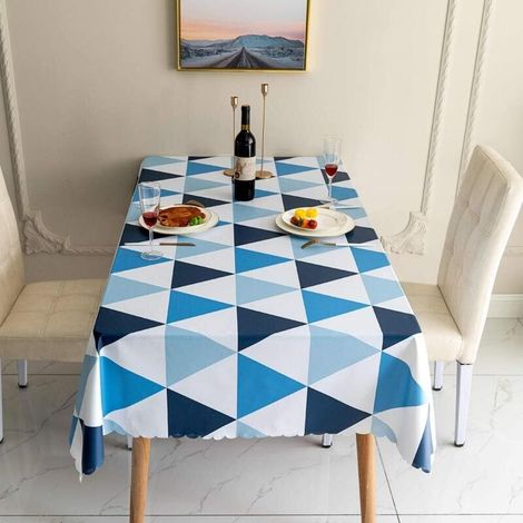 Rechteckige, abwischbare PVC-Tischdecke, wasserdicht, leicht zu reinigen, dreieckige Tischdecke mit Gittermuster im nordischen Stil (Blau)