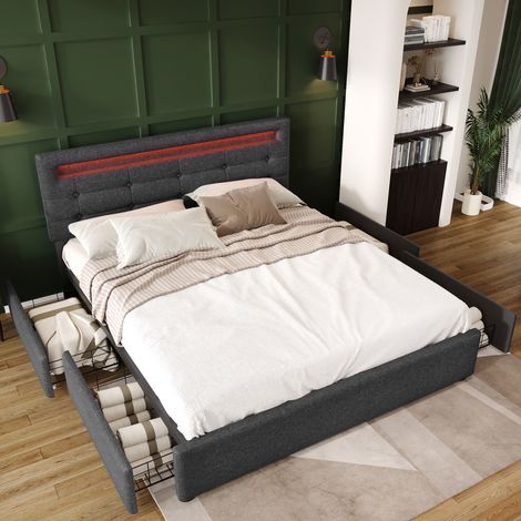 Lit double rembourré 140x200 cm avec LED et 4 tiroirs, tête de lit réglable, sommier à lattes bois, cadre de lit rangement, Lin, gris (1/5)