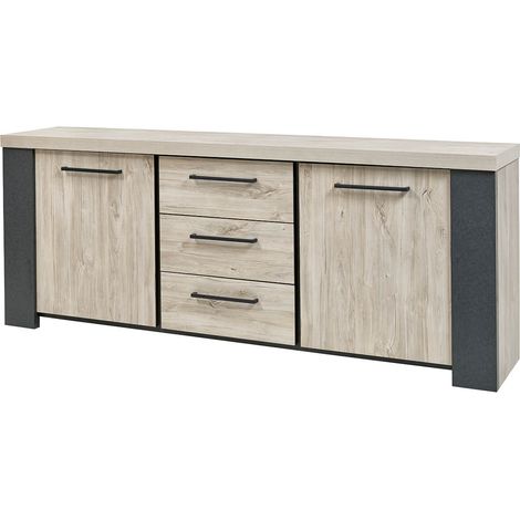 Altobuy – Buffet imitation bois 230x45xH88 cm – 2 portes et 3 tiroirs – Panneaux effet chêne et pierre – Rangement élégant et moderne (1/5)