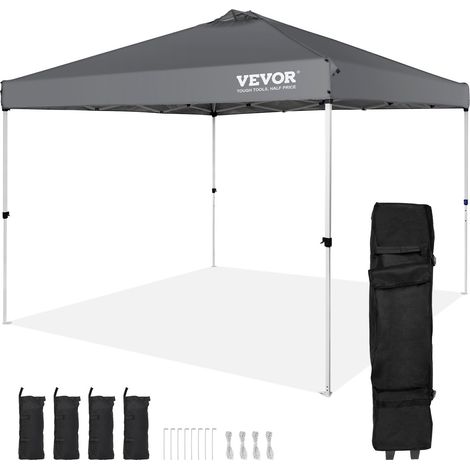 Tonnelle Pop-up 304,8x304,8 cm Tonnelle Auvent Jardin Bâche Enduit Argenté PU 250D Sac à Roulettes Portable 4 Sacs Sable Abri Solaire Imperméable pour Plein Air, Plage, Fête, Camping, Gris Foncé (1/5)