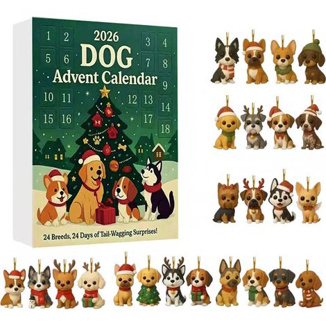 Hunde-Adventskalender 2026, 24-teilige 2D-Acryl-Hängedekorationen mit verschiedenen Hunderassen, stimmungsvoller Weihnachtsbaumschmuck für d (1/5)