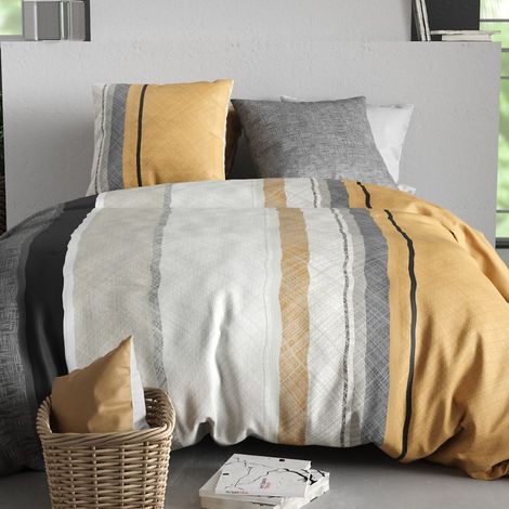 Parure housse de couette 260x240cm + 2 taies motif graphique jaune et gris 100% coton - CASSY (1/4)