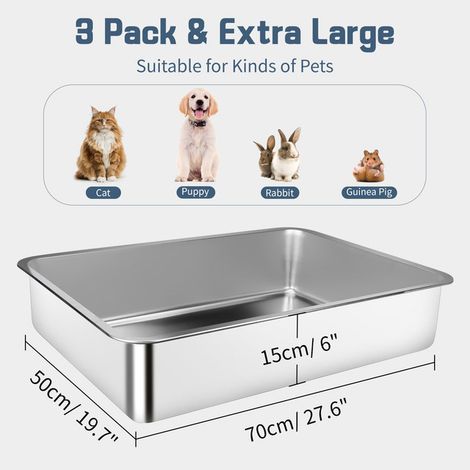 Bac à litière en acier inoxydable pour chat grand modèle résistant aux odeurs caisse à litière pour lapin chiot cochon d'inde lot de 3 (1/5)