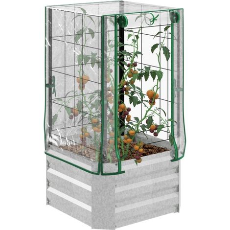 Carré potager surélevé 53x53x90 cm avec treillis et couvercle plastique - Jardinière balcon et terrasse pour plantes grimpantes - Argent (1/5)