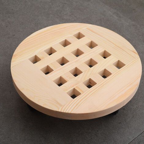 Plateau de pot de fleur rond en bois de couleur bois de 30 cm de diamètre, support de fleur mobile avec base de pot de fleur à roulettes, 2 pièces (1/5)