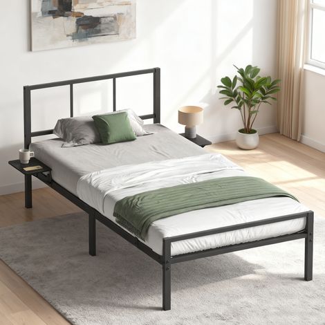Lit en Métal, 90 x 190 cm avec Sommier, Étagères de Rangement, Tête de Lit, Facile à Monter, pour Chambre, Noir (1/5)