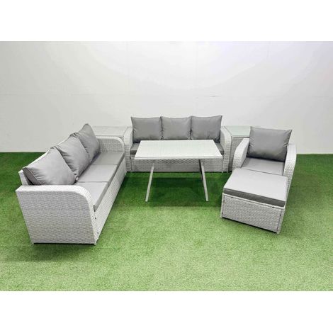Fimous 7 Pieces Outdoor PE Rattan Garden Furniture with Cushions Reclining Chair 2 Side Tables Big Stool Light Grey (1/4)
