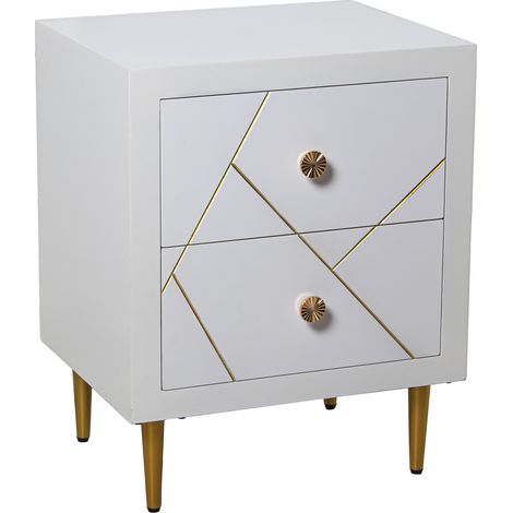 Table de chevet en bois blanc avec 2 tiroirs, pieds en métal doré 50X40X63 Cm (1/5)