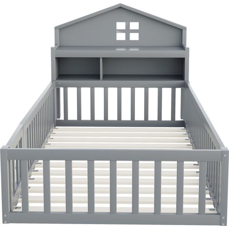 Kinder-Hausbett 90 x 200 cm Grau mit Stauraum, Schutzgitter, Tür und Lattenrost (1/5)