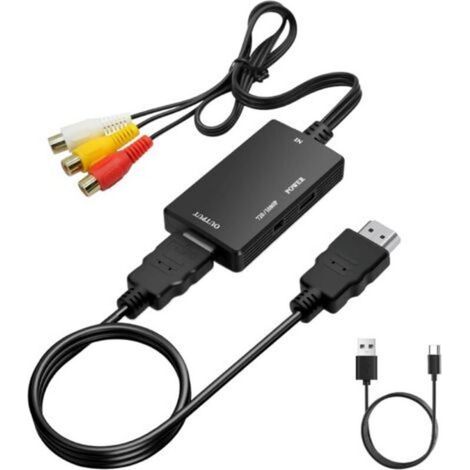Convertidor RCA a HDTV, adaptador de audio y vídeo compuesto CVBS AV 1080P a HDTV con cable HDMI para grabadoras de vídeo SNES/N64/VHS/VCR, DVD, compatible con PAL/NTSC (negro) (1/5)