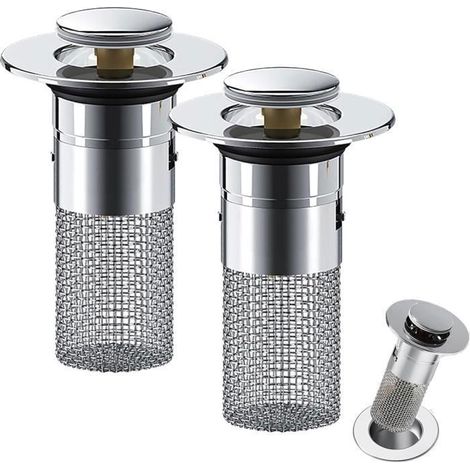 2PC Filtre de Drainage de Sol en Acier Inoxydable, Bonde Lavabo Universel, Bouchon de Lavabo Pop-Up, Flitre de Vidange