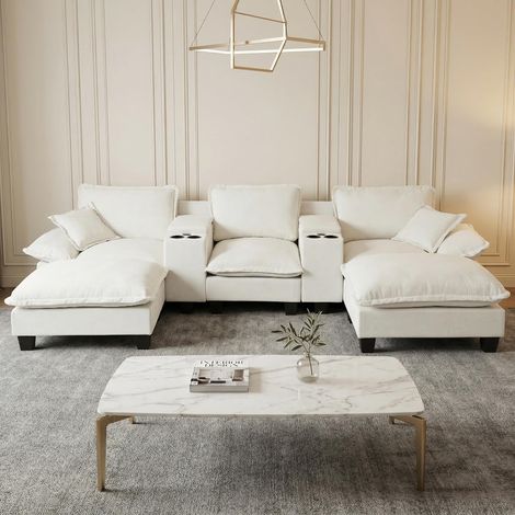 Canapé Panoramique en U Modulable XXL - Tissu Chenille, avec Coffre de Rangement, Port USB, Porte-gobelet, 2 Poufs et 2 Coussins (323x151x90 cm) - Beige (1/5)
