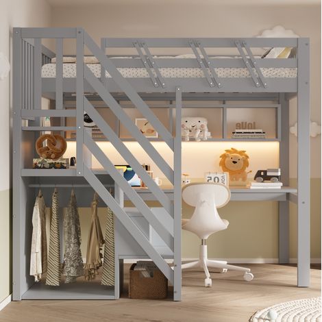 Cama alta infantil (205x143.5x170 cm), con escritorio integrado, escalera con almacenaje, LED, madera, gris (1/5)