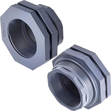 Lot de 2 raccords traversants en PVC de 10 cm (4 pouces), adaptateur de tuyau de raccordement pour réservoir d'eau, filetage NPT, DN100, pour récupérateur d'eau de pluie, aquarium, baignoire, piscine. (1/5)