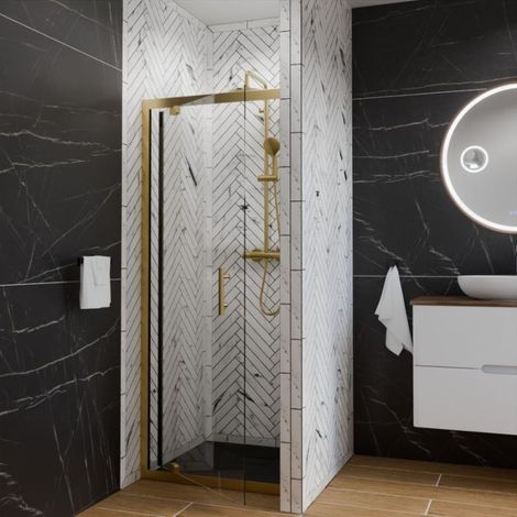 Cuisibane – Porte de douche pivotante 80 cm – Cadre doré en aluminium – Verre trempé anticalcaire 6 mm – Système Stop Water pour étanchéité