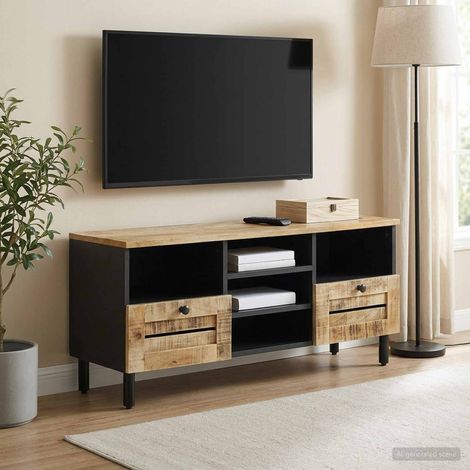 Meuble TV avec rangements, 2 tiroirs, bois de manguier massif, naturel, 100 x 33 x 46 cm - PANGIVO (1/5)