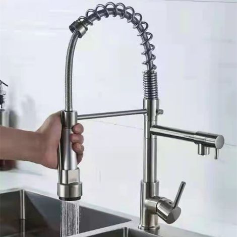 Cross-border exclusive spring-loaded kitchen hot and cold water faucet for kitchen sinks, dishwashing basins, and vegetable washing basins - rotating dual-function faucet - zinc-plated copper brushed 