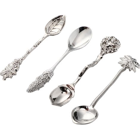Lot de 4 mini cuillères à café/thé vintage en alliage argenté, pour mélanger la crème glacée et les desserts. (1/5)