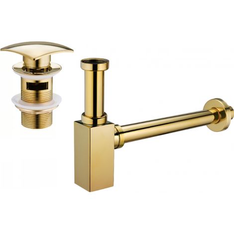 Mexen quadratischer Waschbecken-Halbsiphon mit Klick-Klack-Stöpsel, mit Überlauf, Gold - 7992660-50 (1/3)