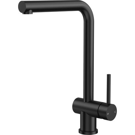 EVERSTEIN Wasserhahn Küche Schwarz Küchenarmatur Spültischarmatur:  Premium L-Form Hoher Auslauf Massiv Messing 360° Drehbar Einhebelmischer für Spüle Keramikkartusche Rostfrei Kratzfest Matt Schwarz (1/5)