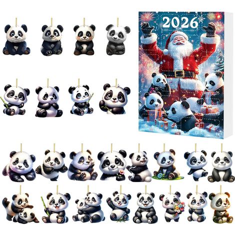 Weihnachtsmann-Panda-Adventskalender 2026 – 24 niedliche 2D-Acryl-Hängeornamente mit Panda-Figuren – 24-tägiger Countdown-Kalender für den W (1/5)