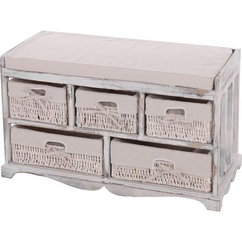 [NON UTILIZZATO] Panca cassettiera shabby vintage 5 ceste legno di paulonia 36x77x45cm bianco