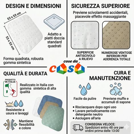 Tappeto Doccia Quadrato 53x53 cm Antiscivolo con Ventose Gomma Sintetica Made in Italy Design Marino Tappetino per Piatto Doccia Sicurezza in Bagno disponibili i colori bianco blu beige grigio verde -
