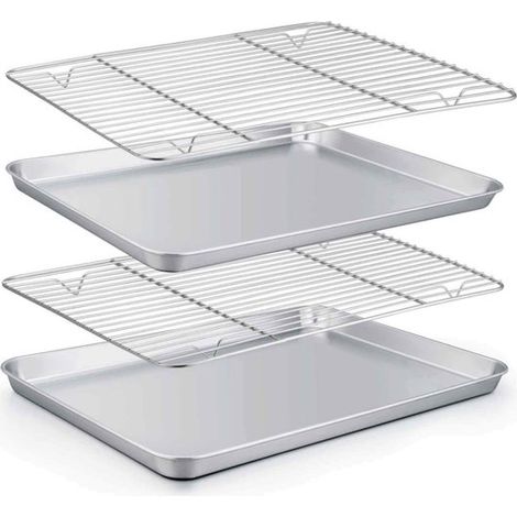 Teglia da forno piatta in acciaio inox - 40,5 x 30,5 x 2,5 cm - Taglia XL - Set da 4 pezzi - Teglia quadrata - Griglia di raffreddamento - Teglia multifunzionale - Teglia da forno - Include griglia e  (1/5)