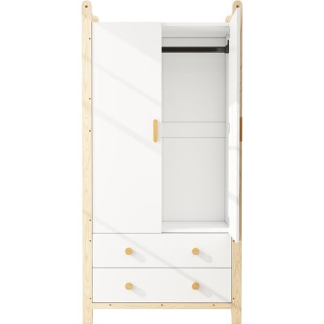 Armoire 2 portes avec penderie et 2 tiroirs, 90x45x180 cm, blanc et pin