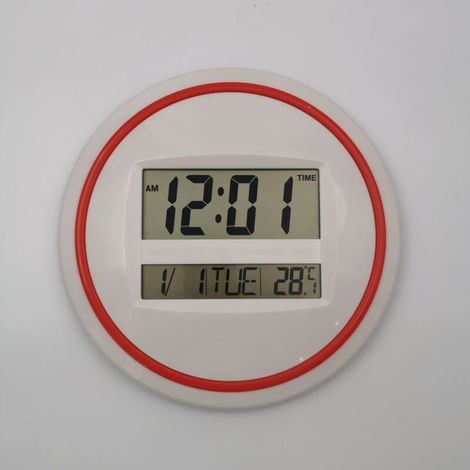 Runder elektronischer Wecker, großes LCD-Display, geräuschlose Wanduhr, Tischuhr, Anzeige von Uhrzeit/Alarm/Datum/Woche/Temperatur