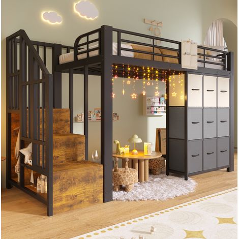 Cama alta con almacenaje juvenil y armario metal negro OKMYHOME (1/5)