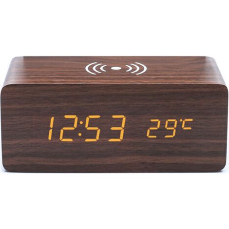 Stück brauner Holzwecker mit Qi-Wireless-Ladegerät, kompatibel mit iPhone und Samsung, digitale LED-Uhr aus Holz mit Tonsteuerung, Anzeige von Uhrzeit, Datum und Temperatur.