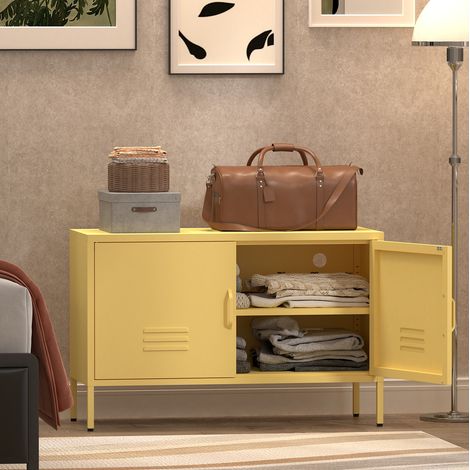 Meuble TV en métal jaune 100 x 40 x 65 cm avec étagères réglables HAVRYA (1/5)
