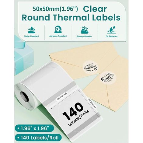 Disponible en 3 couleurs : voir photo. Matériau : étiquette thermique ronde transparente de 50 x 50 mm.
