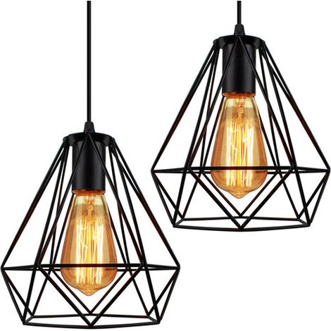 2PCS Metal Diamond 20CM Chandelier Industrial Vintage Pendant Light Modern Rustic Ceiling Light For Cafe Dining Indoor Decoration Black E27 (1/5)