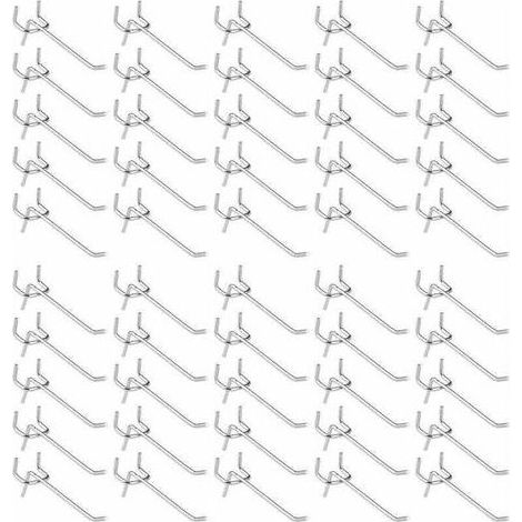 Lot de 50 crochets pour panneau perforé, crochets pour étagères murales pour présentoirs à panneaux perforés, garage, atelier, outils, rangement, crochets pour étagères murales. (1/4)