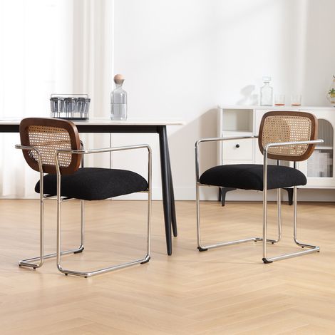 Wahson Lot de 2 Chaises en Lin, Chaises de Salle à Manger Moderne Chaise de Cuisine avec Dossier Osier, Pied Métal, Noir