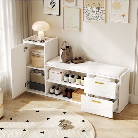 Zapatero (128x30x68 cm), con 2 cajones, 1 armario, asiento acolchado, tablero de partículas, blanco (1/5)