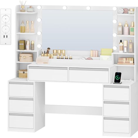 Toeletta Trucco con Specchio, Toeletta con LED e Prese, Grande Tavolo da Trucco con Supporto Per Asciugacapelli, 8 Cassetti e Ripiani Aperti, Moderno, Bianco-Argento