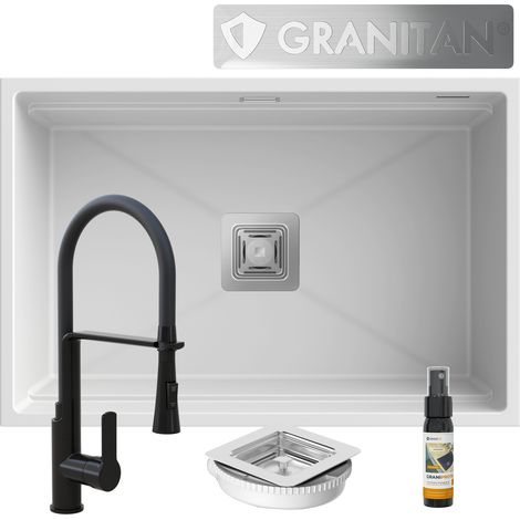 Évier Sous-Plan Granit 1 Bac Granitan Epir 70 Blanc avec Mitigeur et Siphon Carré (1/4)