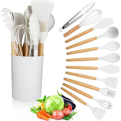 Lot de 12 ustensiles de cuisine en silicone avec manche en bois, antiadhésifs, résistants à la chaleur, couleur blanche (1/5)