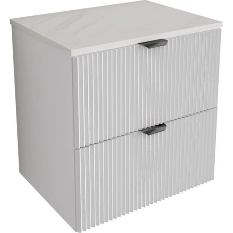 Mobile da bagno con frontale scanalato 60 cm con 2 cassetti, bianco con piano in marmo (MDF), con maniglia nera, 60 x 47 x 60 cm (1/5)