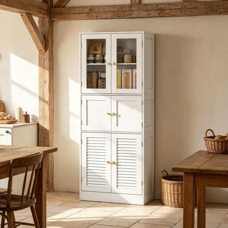 Meuble de rangement de salle de bain haut de gamme avec 6 portes, dont 2 portes vitrées et 2 portes pleines. (1/5)