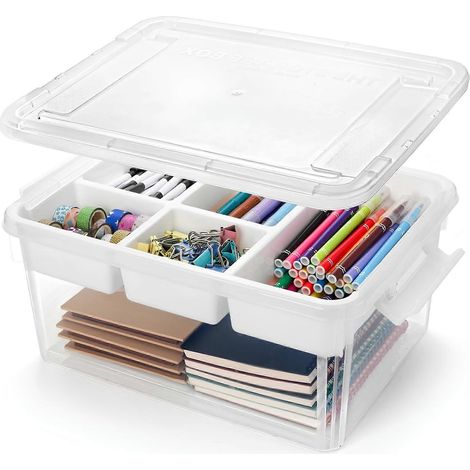 Aufbewahrungsbox aus Kunststoff mit herausnehmbarem Einsatz, transparenter Organizer für Künstlerbedarf, stapelbar mit Deckel und Griff (1/5)