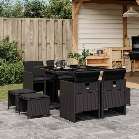Ensemble de Table Jardin 9 Pièces Noir Résine Tressée avec Coussins et Dessus Verre (1/5)