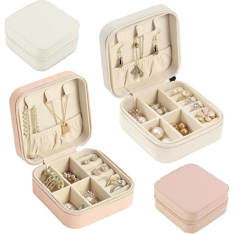 2 Pièces Boite a Bijoux Voyage, Surface PU avec Coutures, Boite a Bijoux Fille, Petit Coffre à Accessoire, Portable Rangement pour Boucles d'Oreilles Bagues Chaînes (Blanc + Rose) (1/5)